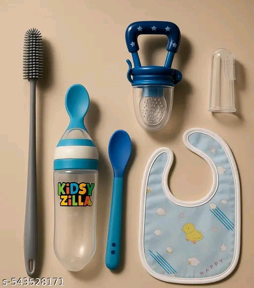 Urban baby feeding bottle and food feeder, toothbrush, and cotton bibs, tip spoon, bottle brush combo pack of 6